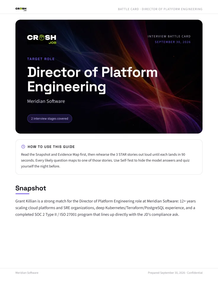 Page one of the sample prep sheet: the cover for the Director of Platform Engineering role at Meridian Software, then the snapshot.