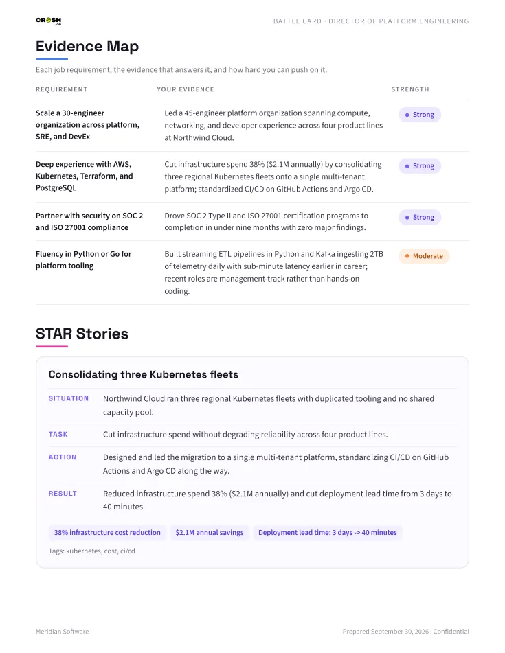 Page two of the sample prep sheet: the evidence map table, then the first STAR story.