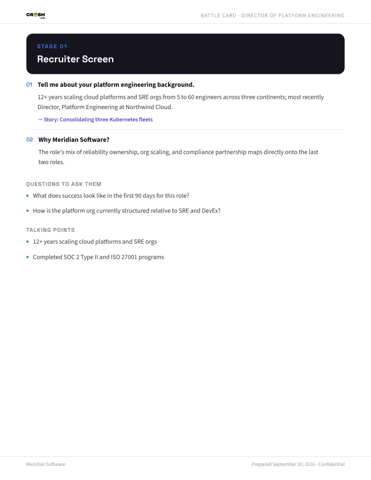 Page four of the sample prep sheet: the Recruiter Screen stage with likely questions, questions to ask and talking points.